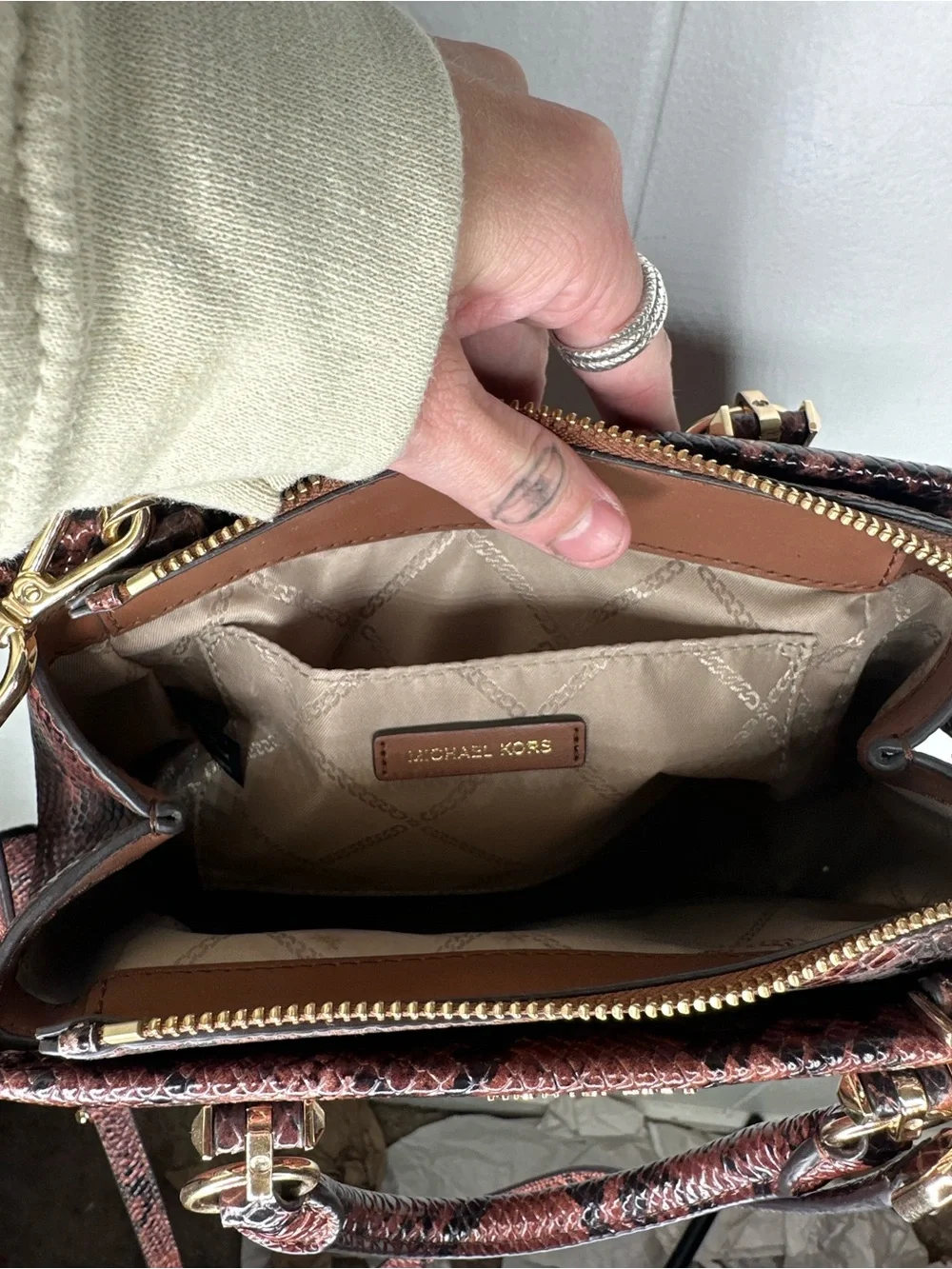 Michael Kors Burgundy Snake-Print Satchel with Gold Hardware